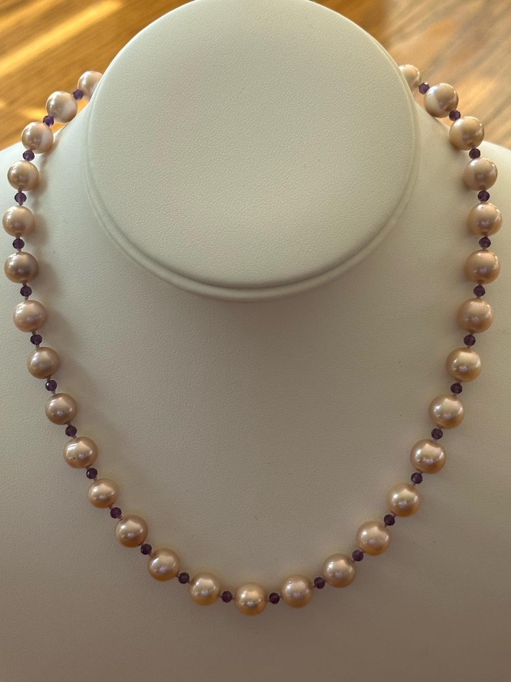 Amethyst and Light Purple Cultured Pearls-HAND KNOTTED-14K GF Clasp-17 1/2 Inch